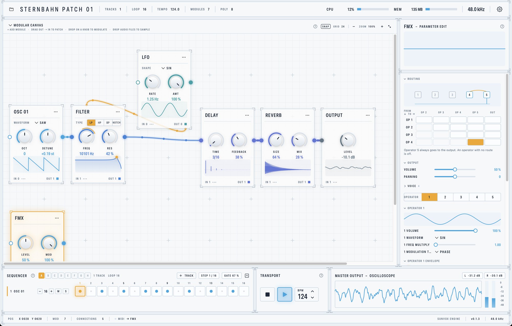 Sternbahn with an FMX module selected; its routing matrix and operator controls fill the panel on the right